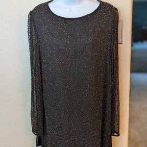 Women’s Small Papell Boutique Beaded Evening Top Black Embellished Silk